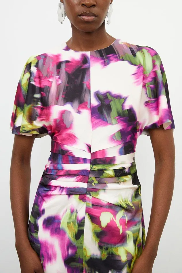 Satin Blurred Floral Print Woven Angel Sleeve Midi Dress Floral Women Karen Millen Dresses