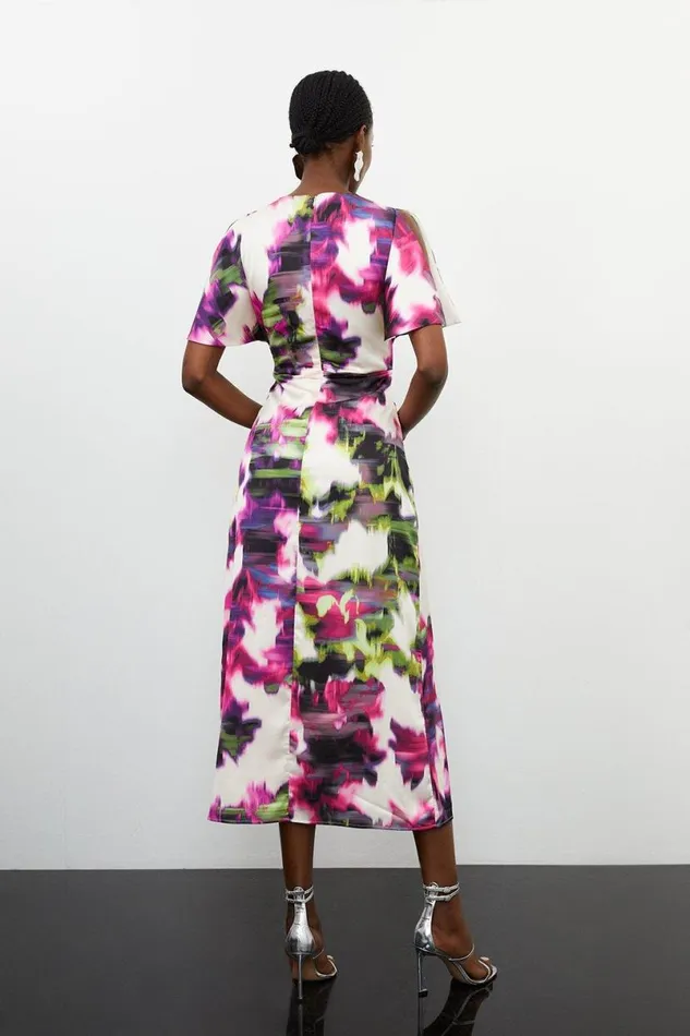 Satin Blurred Floral Print Woven Angel Sleeve Midi Dress Floral Women Karen Millen Dresses