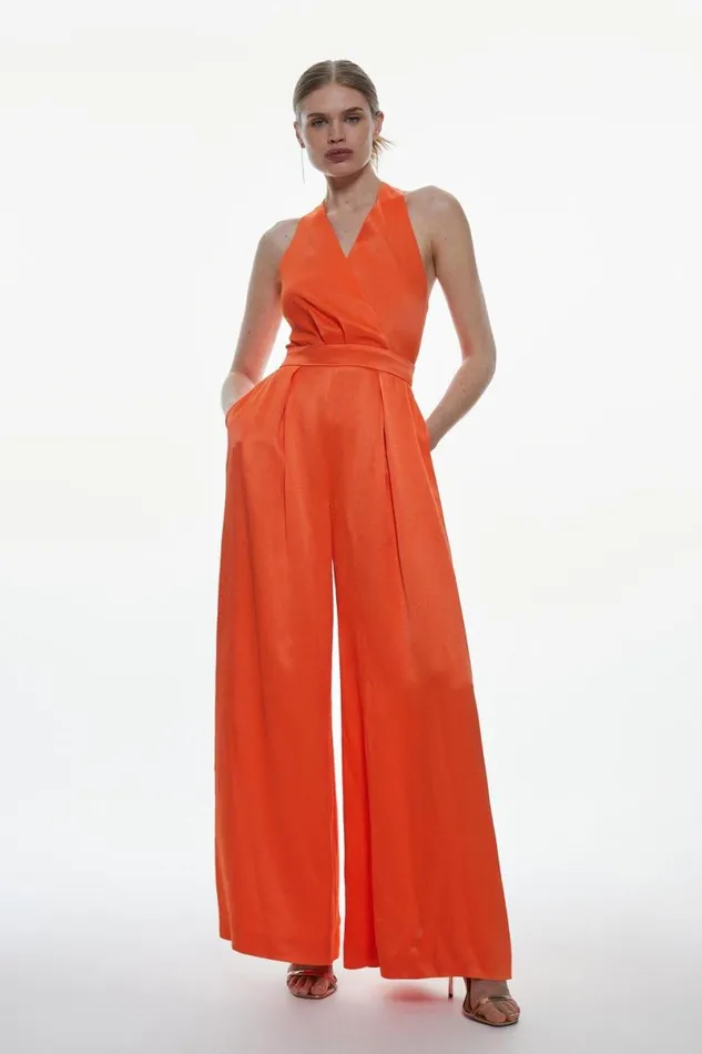 Satin Crepe Drama Belted Jumpsuit Red Orange Women Karen Millen Jumpsuits and Playsuits