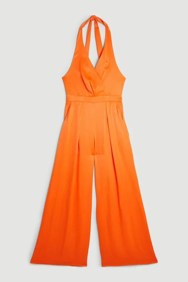 Satin Crepe Drama Belted Jumpsuit Red Orange Women Karen Millen Jumpsuits and Playsuits