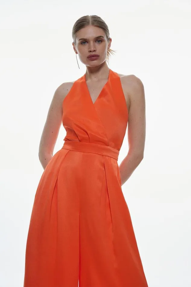 Satin Crepe Drama Belted Jumpsuit Red Orange Women Karen Millen Jumpsuits and Playsuits