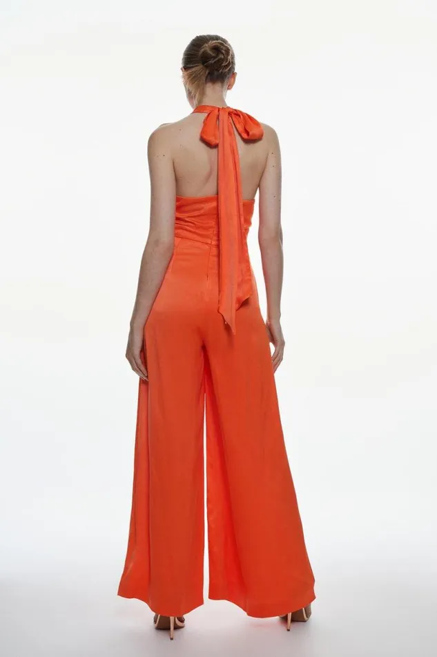 Satin Crepe Drama Belted Jumpsuit Red Orange Women Karen Millen Jumpsuits and Playsuits