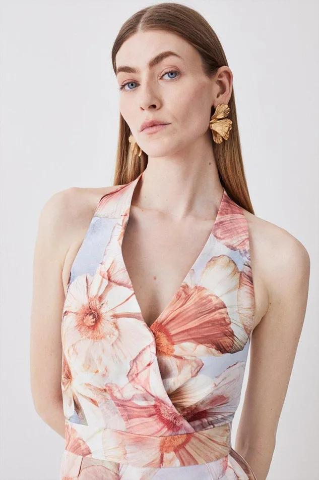 Satin Crepe Etched Floral Woven Wide Leg Jumpsuit Floral Women Karen Millen Jumpsuits and Playsuits