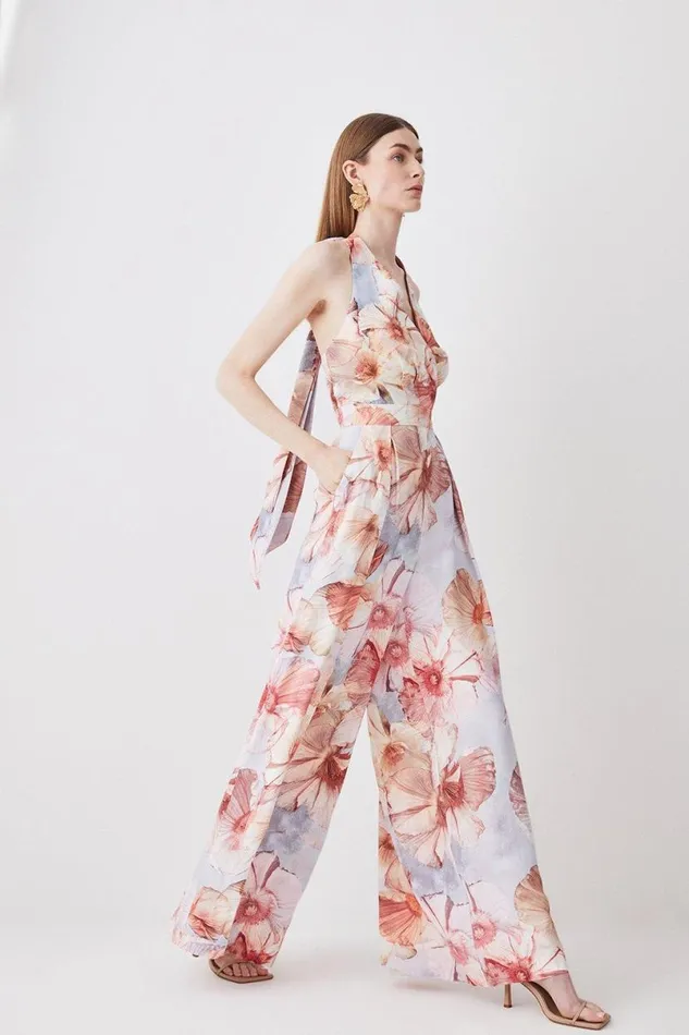 Satin Crepe Etched Floral Woven Wide Leg Jumpsuit Floral Women Karen Millen Jumpsuits and Playsuits