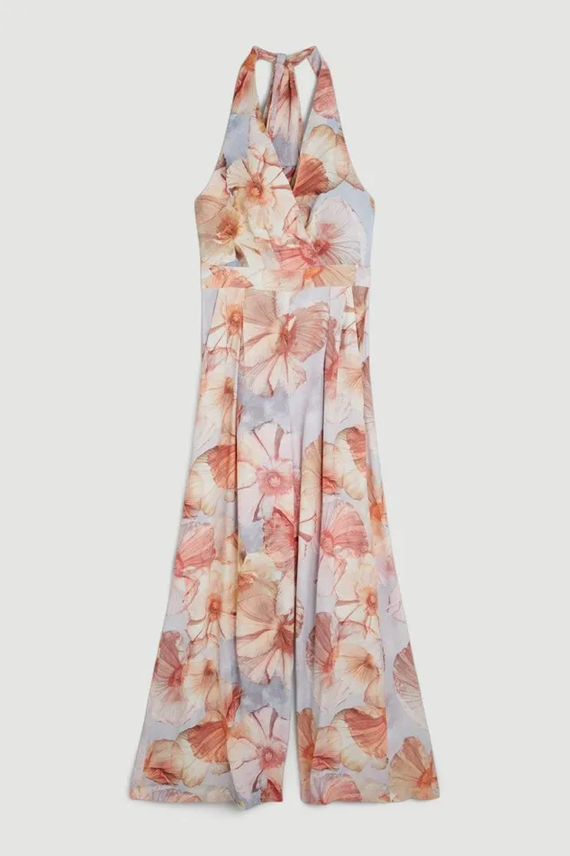 Satin Crepe Etched Floral Woven Wide Leg Jumpsuit Floral Women Karen Millen Jumpsuits and Playsuits