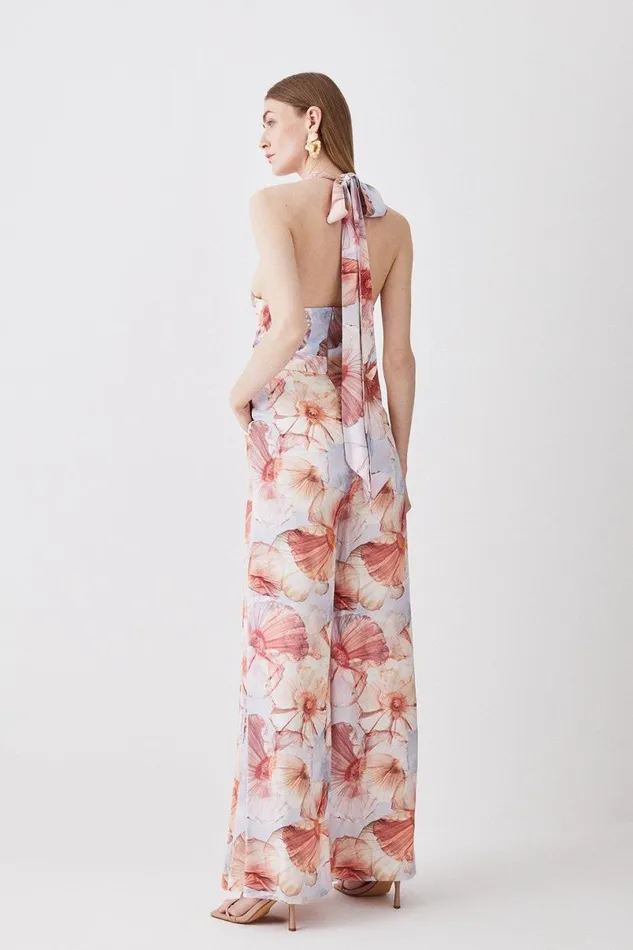 Satin Crepe Etched Floral Woven Wide Leg Jumpsuit Floral Women Karen Millen Jumpsuits and Playsuits