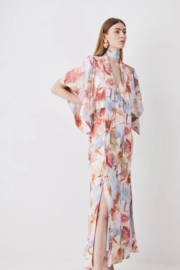 Satin Crepe Tie Neck Etched Floral Maxi Dress Floral Women Karen Millen Dresses