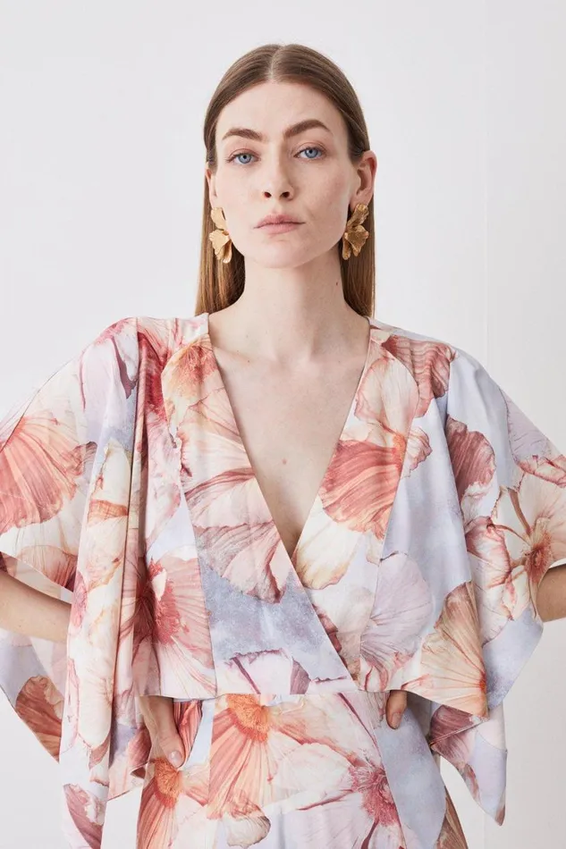 Satin Crepe Tie Neck Etched Floral Maxi Dress Floral Women Karen Millen Dresses