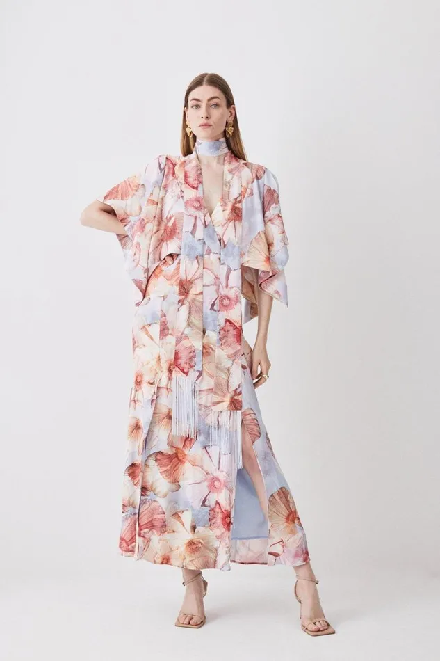 Satin Crepe Tie Neck Etched Floral Maxi Dress Floral Women Karen Millen Dresses