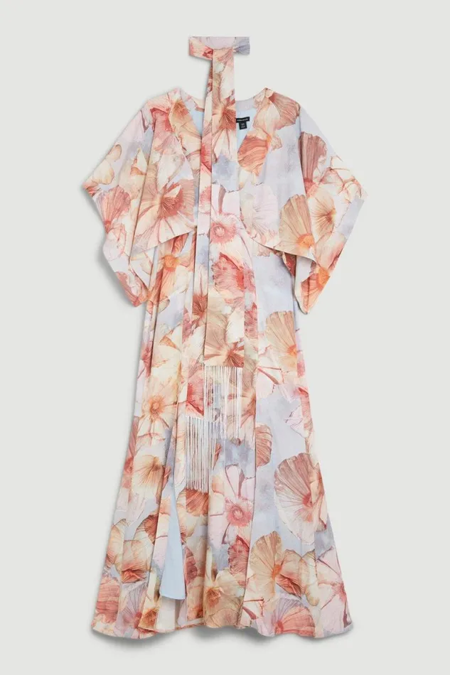 Satin Crepe Tie Neck Etched Floral Maxi Dress Floral Women Karen Millen Dresses
