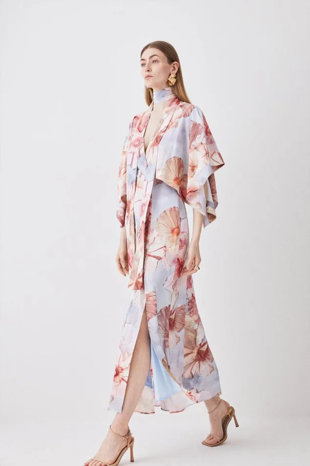 Satin Crepe Tie Neck Etched Floral Maxi Dress Floral Women Karen Millen Dresses