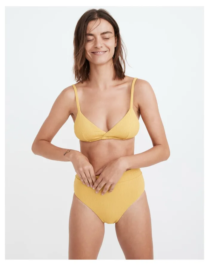 Second Wave Ribbed High Cut Bikini Bottom Gilded Chartreuse Women Madewell Swim