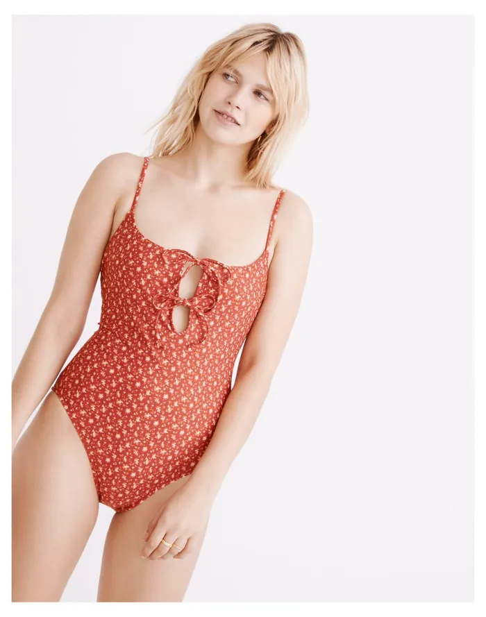 Second Wave Tie Front One Piece Swimsuit In Ditsy Floral Scarlet Women Madewell Swim