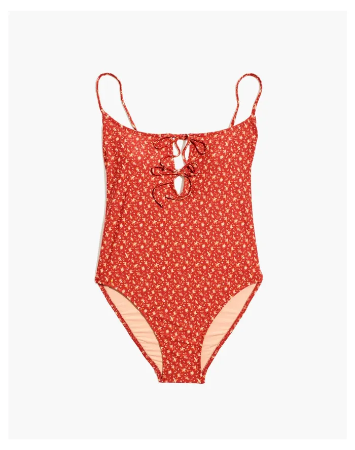 Second Wave Tie Front One Piece Swimsuit In Ditsy Floral Scarlet Women Madewell Swim Second Wave Tie Front One Piece Swimsuit In Ditsy Floral Scarlet Women Madewell Swim