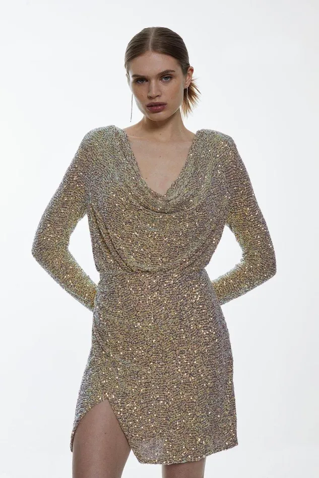 Sequin Cowl Neck Long Sleeve Mini Dress Women Karen Millen Dresses