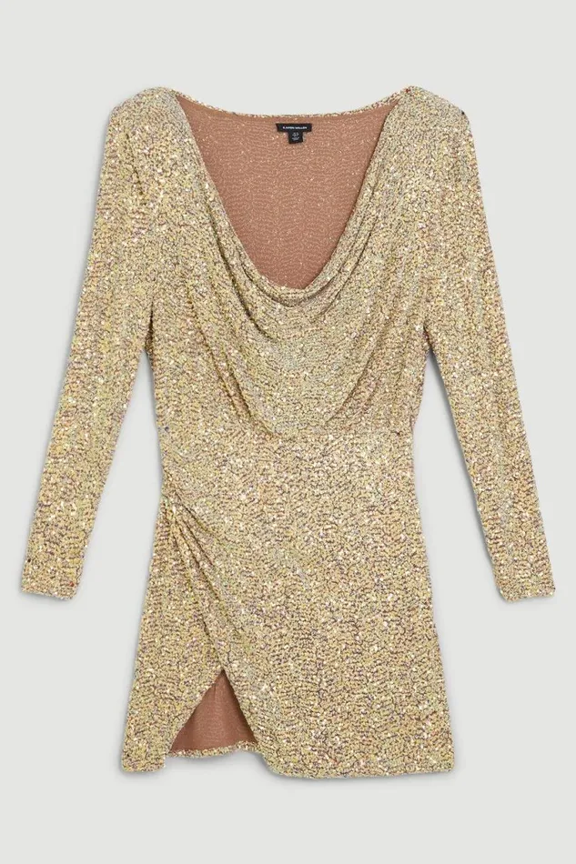 Sequin Cowl Neck Long Sleeve Mini Dress Women Karen Millen Dresses