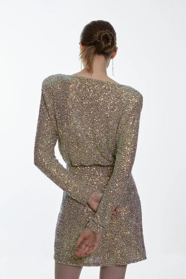 Sequin Cowl Neck Long Sleeve Mini Dress Women Karen Millen Dresses