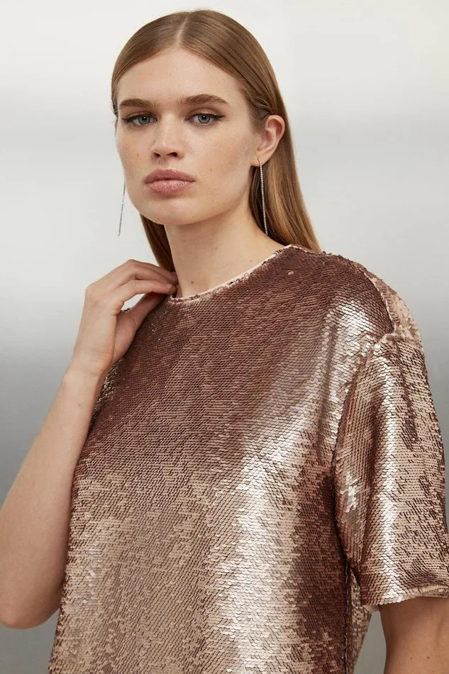 Sequin Woven Boxy Tshirt Rose Gold Women Karen Millen Tops