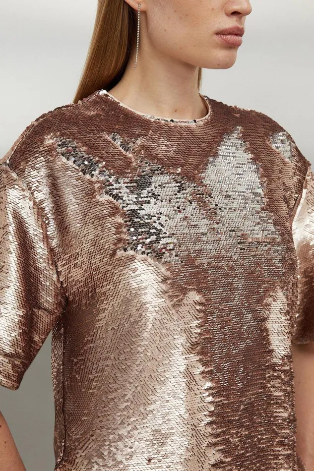 Sequin Woven Boxy Tshirt Rose Gold Women Karen Millen Tops