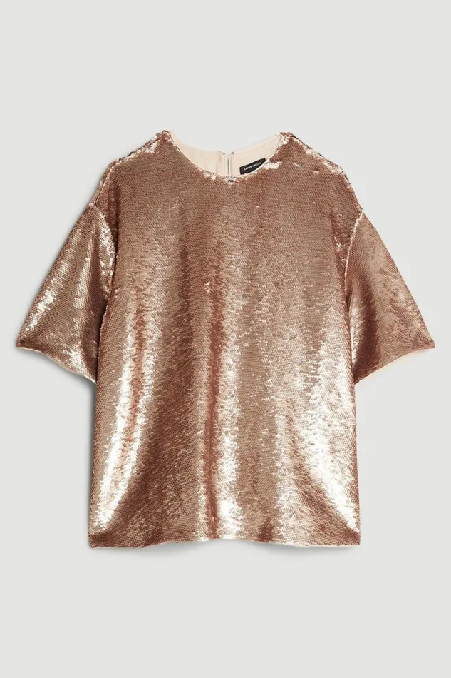 Sequin Woven Boxy Tshirt Rose Gold Women Karen Millen Tops