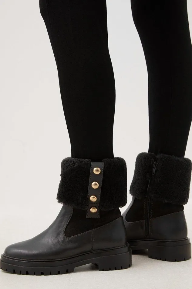 Shearling Leather Trim Detail Chelsea Boot Black Women Karen Millen Boots