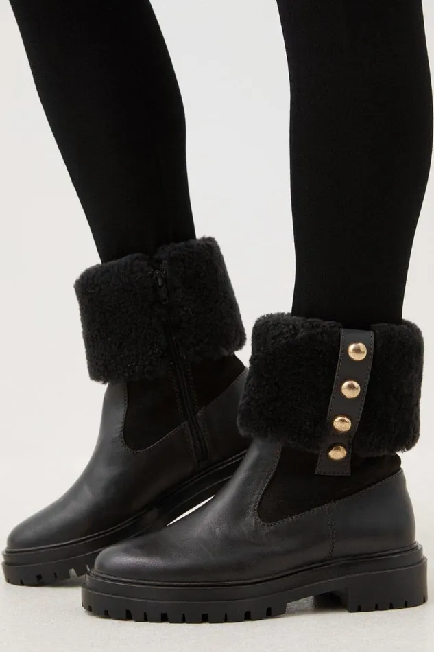 Shearling Leather Trim Detail Chelsea Boot Black Women Karen Millen Boots