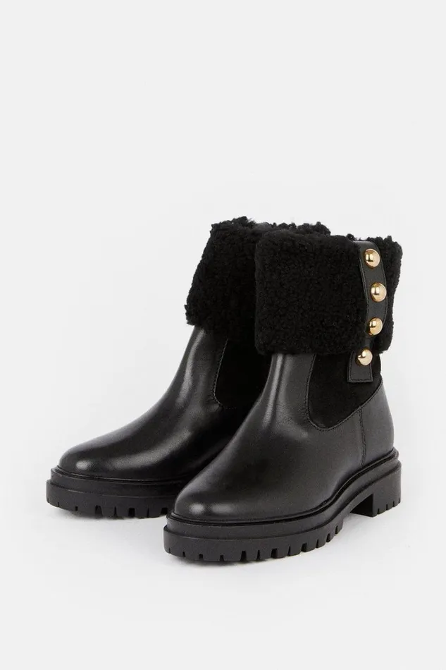 Shearling Leather Trim Detail Chelsea Boot Black Women Karen Millen Boots