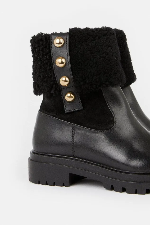 Shearling Leather Trim Detail Chelsea Boot Black Women Karen Millen Boots