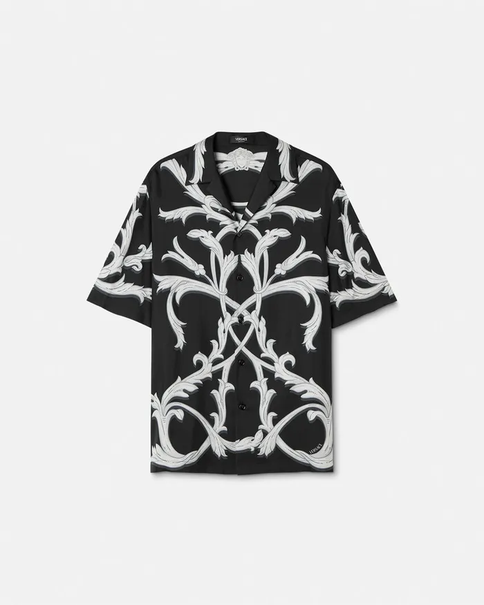 Shirts Men Versace Acanthus Leaves Silk Shirt Black