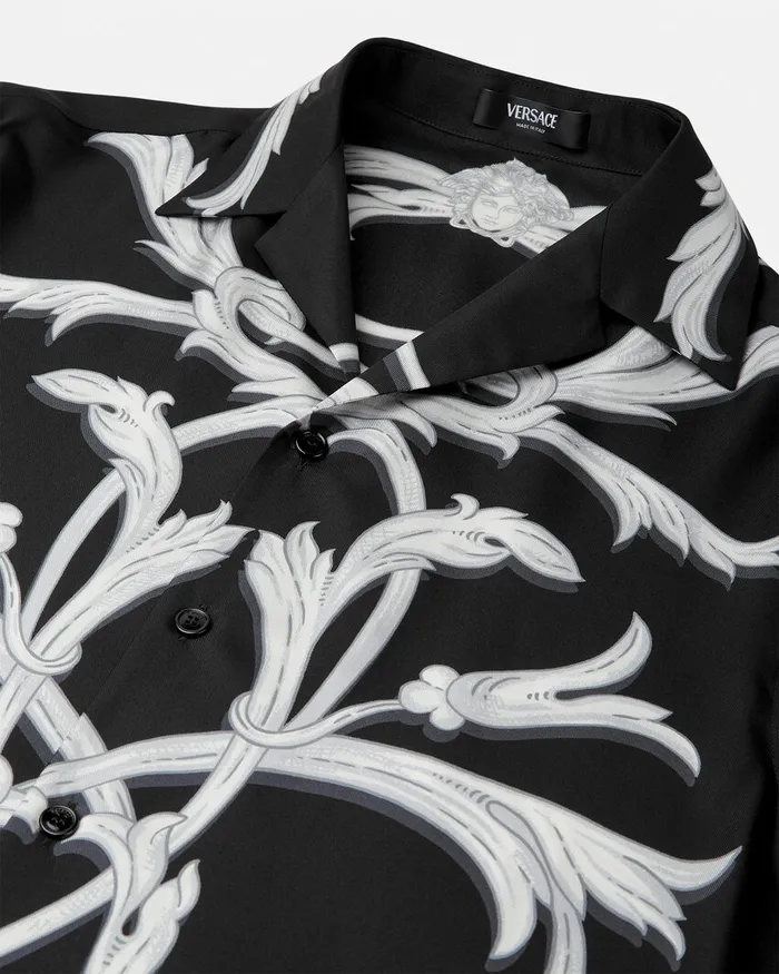 Shirts Men Versace Acanthus Leaves Silk Shirt Black