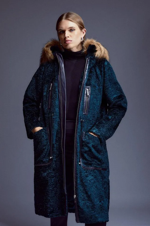 Signature Ponyskin Hooded Parka Coat Women Karen Millen Coats and Jackets