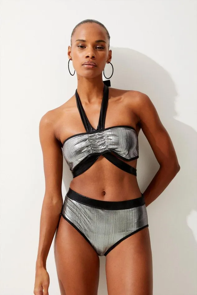 Silver Foiled Bikini Bottoms Metallic Silver Women Karen Millen Swimwear