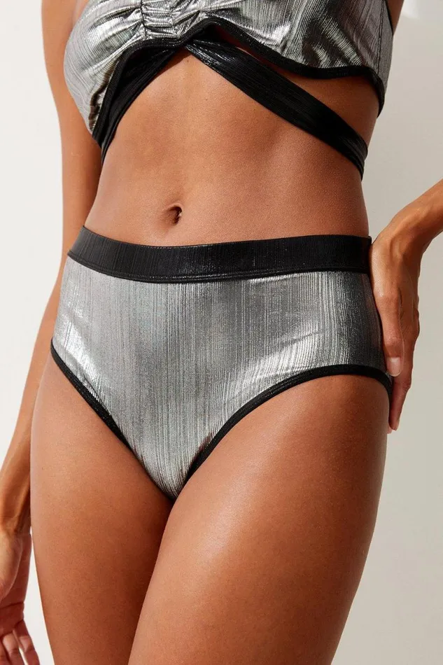 Silver Foiled Bikini Bottoms Metallic Silver Women Karen Millen Swimwear