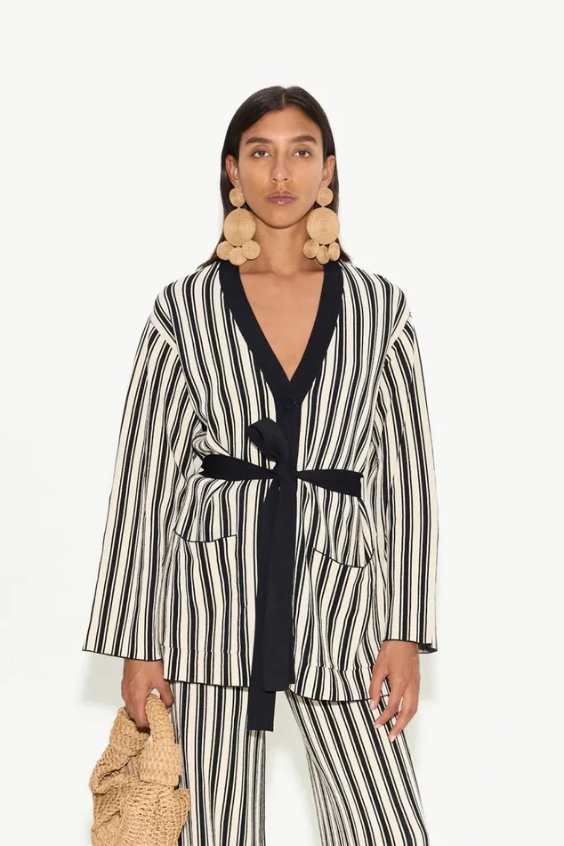 Simon Miller Max Belted Knit Cardigan In BlackRice Flour Stripe Women Sweaters