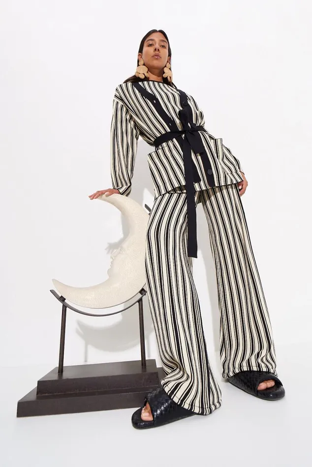 Simon Miller Max Belted Knit Cardigan In BlackRice Flour Stripe Women Sweaters Simon Miller Max Belted Knit Cardigan In BlackRice Flour Stripe Women Sweaters