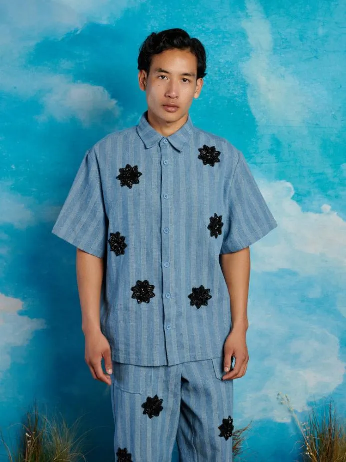 Sister Jane Shirts Men Cameron Stripe Applique Shirt Gray Blue