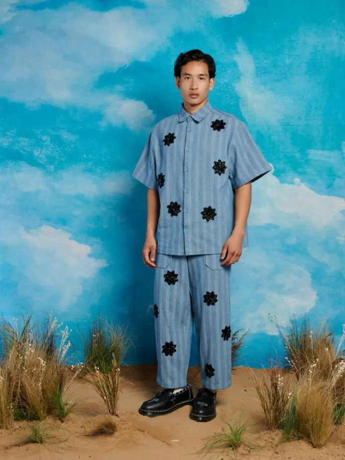 Sister Jane Shirts Men Cameron Stripe Applique Shirt Gray Blue