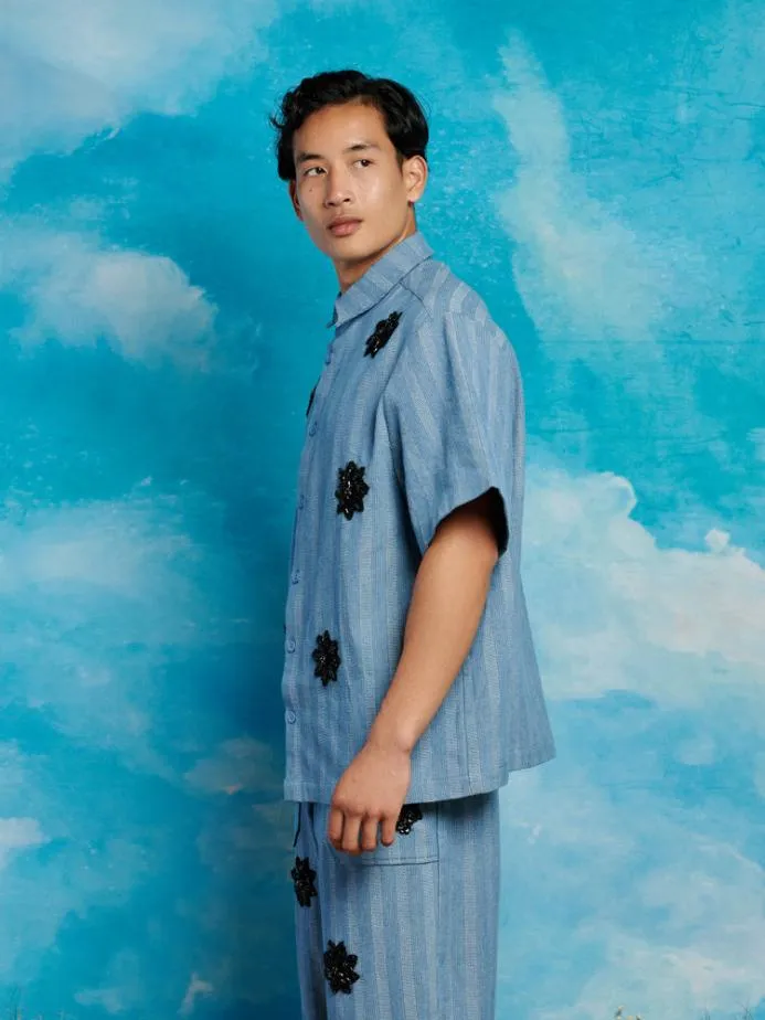 Sister Jane Shirts Men Cameron Stripe Applique Shirt Gray Blue