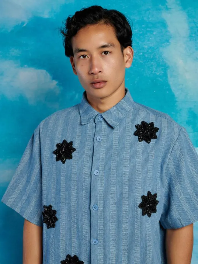 Sister Jane Shirts Men Cameron Stripe Applique Shirt Gray Blue