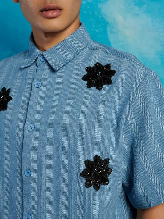 Sister Jane Shirts Men Cameron Stripe Applique Shirt Gray Blue