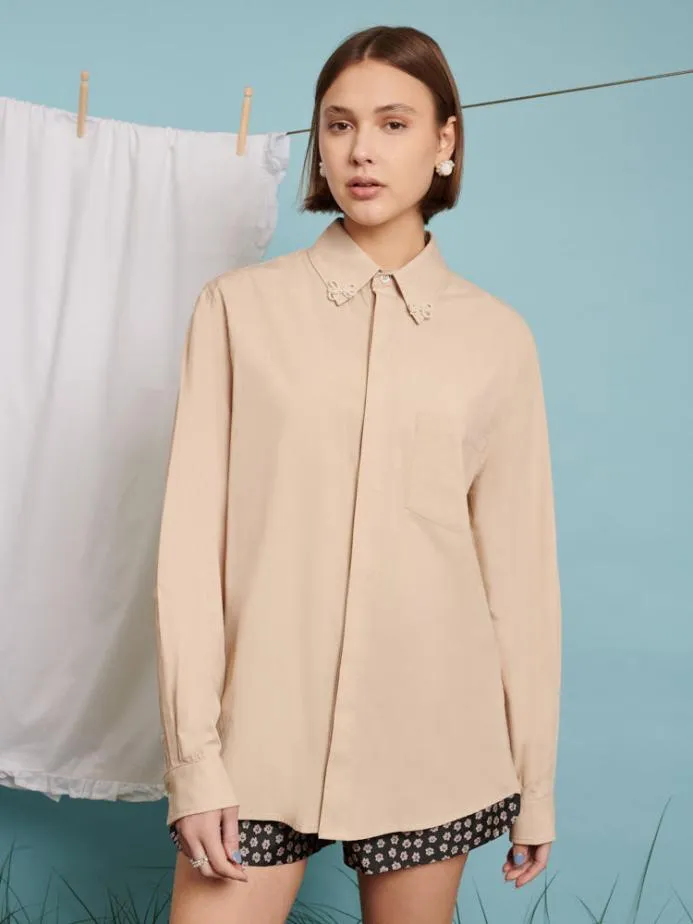 Sister Jane Shirts Men Penny Bow Embellished Shirt Beige Sister Jane Shirts Men Penny Bow Embellished Shirt Beige