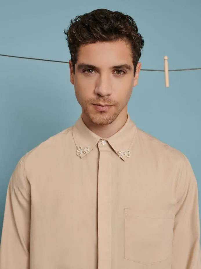 Sister Jane Shirts Men Penny Bow Embellished Shirt Beige Sister Jane Shirts Men Penny Bow Embellished Shirt Beige
