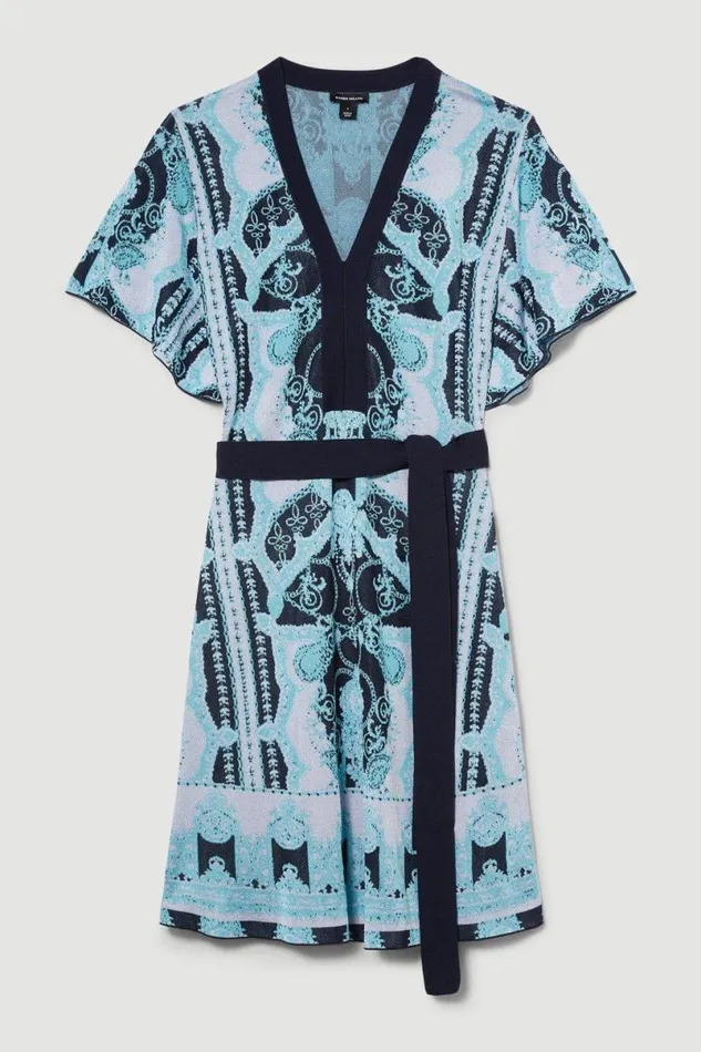 Slinky Jacquard Short Sleeve Knitted Mini Dress Women Karen Millen Dresses