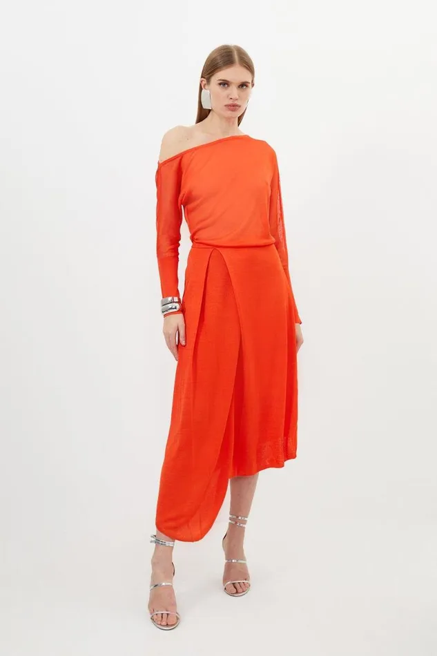 Slinky Viscose Blend Off Shoulder Asymmetric Midaxi Dress Tomato Women Karen Millen Dresses