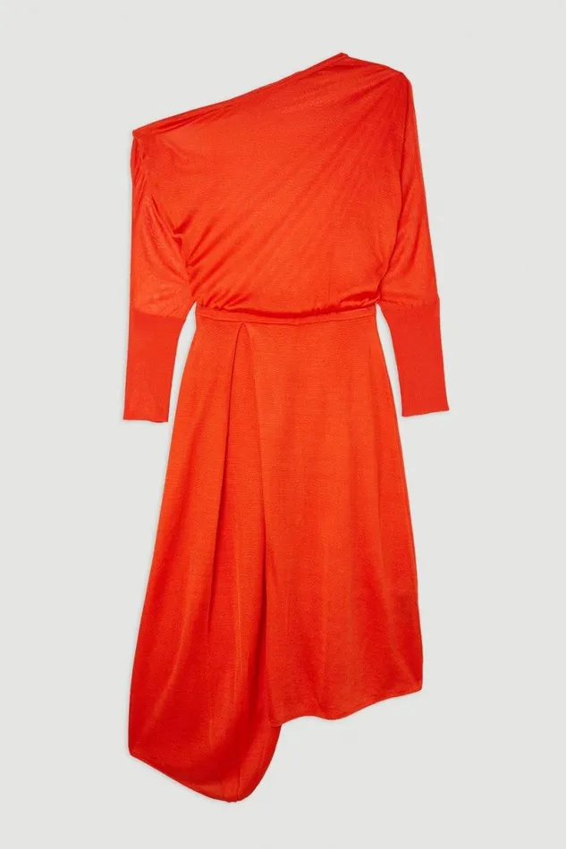 Slinky Viscose Blend Off Shoulder Asymmetric Midaxi Dress Tomato Women Karen Millen Dresses