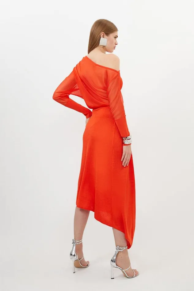 Slinky Viscose Blend Off Shoulder Asymmetric Midaxi Dress Tomato Women Karen Millen Dresses