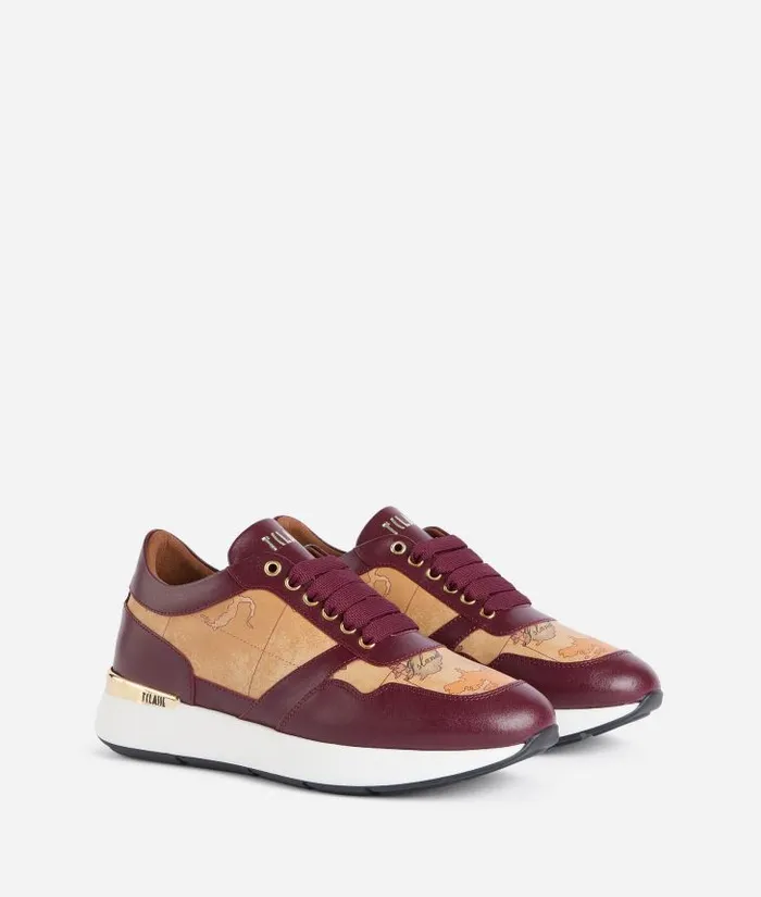 Smooth Leather Running Shoes With Geo Classic Details Burgundy Woman Alviero Martini Sneakers