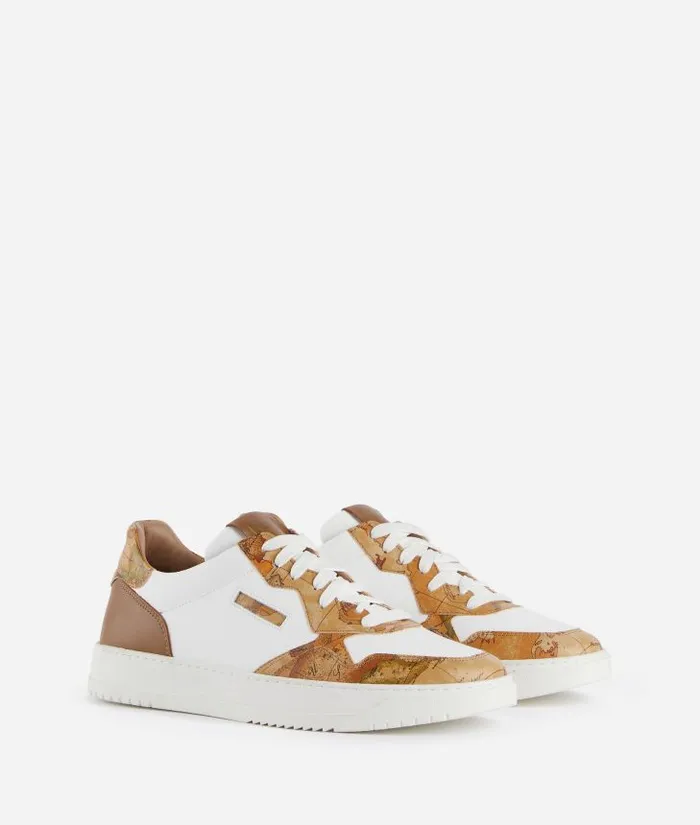Smooth Leather Sneakers With Geo Classic Details White Man Alviero Martini Sneakers and Ankle Boots