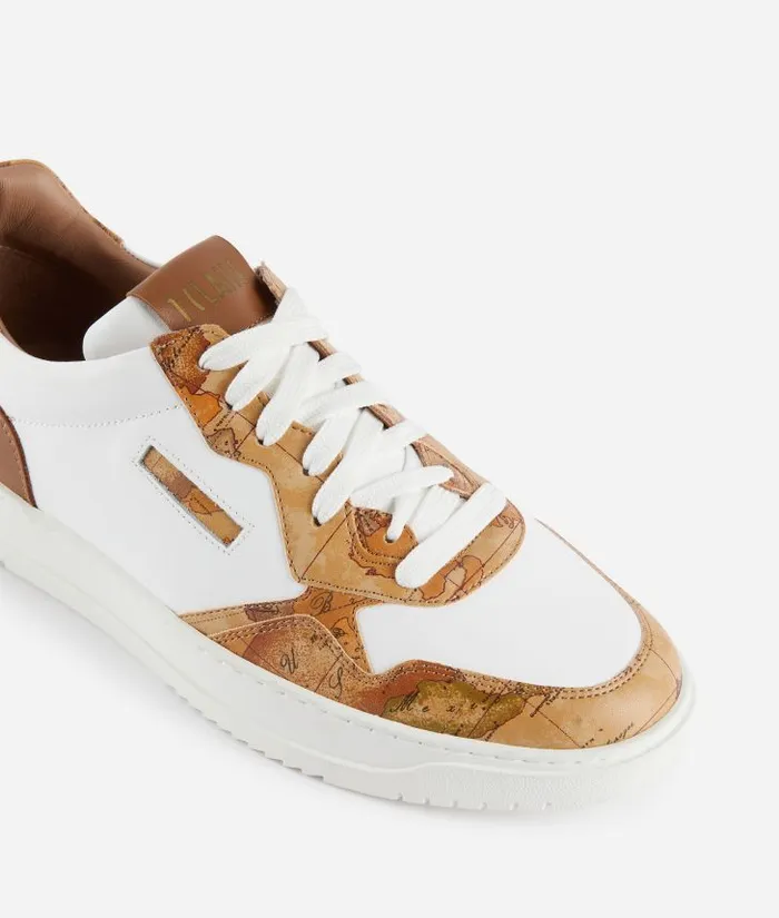 Smooth Leather Sneakers With Geo Classic Details White Man Alviero Martini Sneakers and Ankle Boots
