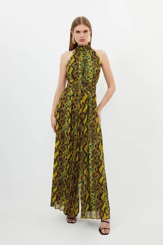 Snake Print Georgette Woven Halter Pleated Jumpsuit Snake Women Karen Millen Dresses